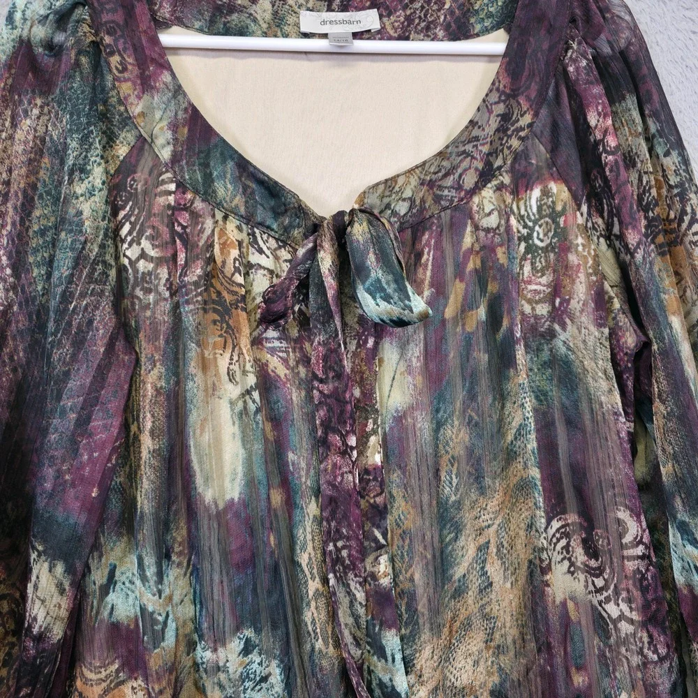 Y2K Dressbarn Top Women 14/16 Tie Satin Mixed Media Pisley Boho Bubble Hem Fairy